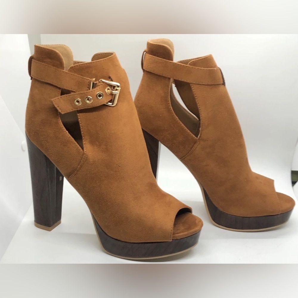 Shoe Republic LA Chestnut Suede Peep-Toe Platform Booties